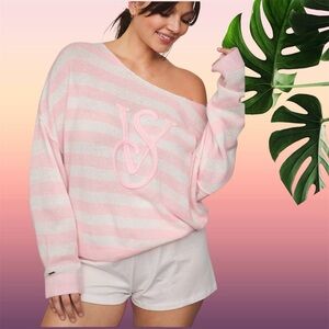 NEW XL Victoria's Secret Luxe Knit Boatneck Sweater in pink heritage stripes